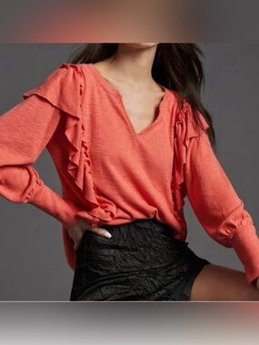 Anthropologie Pilcro Cozy Popover Ruffle Long Sleeves Top Orange Coral V Neck